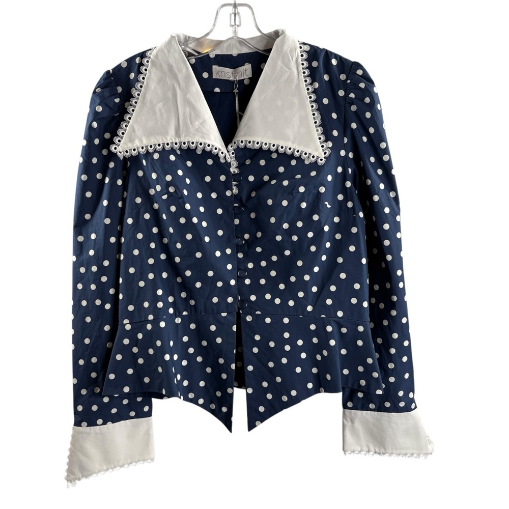 KRISTINIT SIZE 0 BLUE/WHITE POLKA DOTS LONG SLEEVE COLLAR COTTON BLOUSE NWT $99